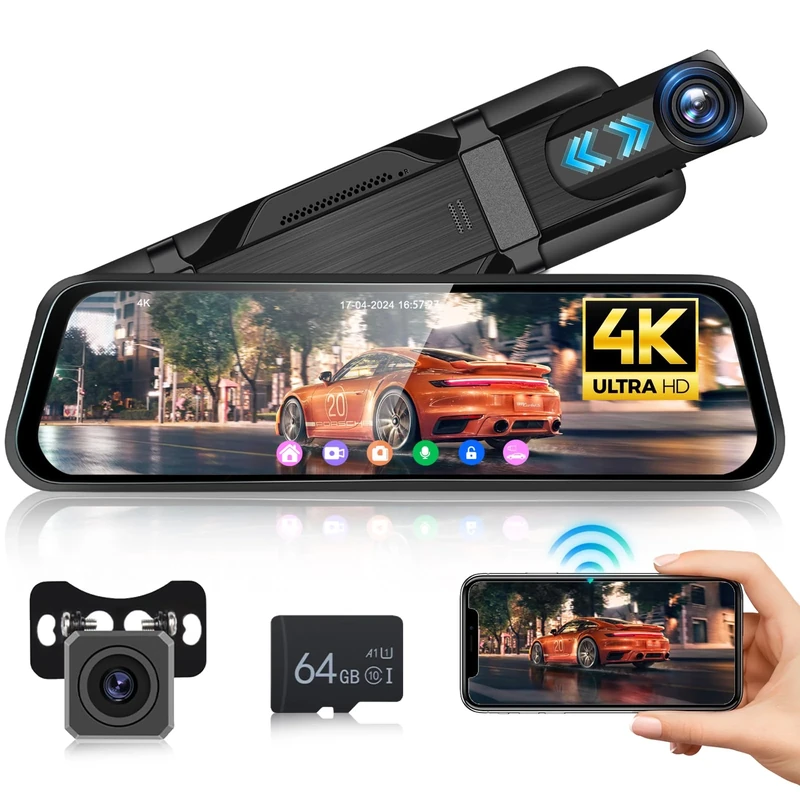 Hodozzy 4K+1080P Mirror Dash Cam 9.66" Touch Screen with HDR Night Vision, WIFI & App Control Dual Dashcam Front and Rear, Mirror Camera with Loop Recording Parking Monitoring ADAS G-Sensor+64G Card