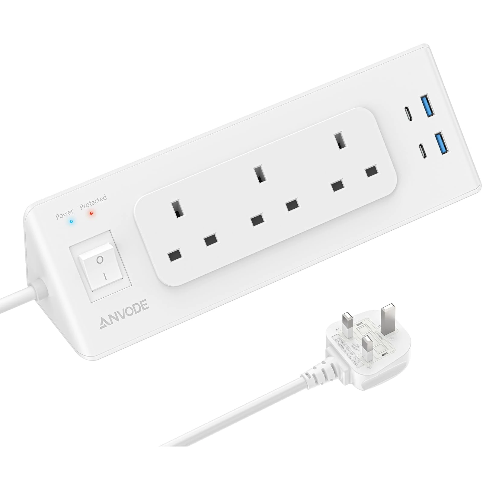 Extension Lead with 4 USB (2 USB C), ANVODE 3 Way Plug Extension Power Board with Switch, Multi Extension Socket Surge Protection with 2M Extender Cable for Home Office Dorm, White
