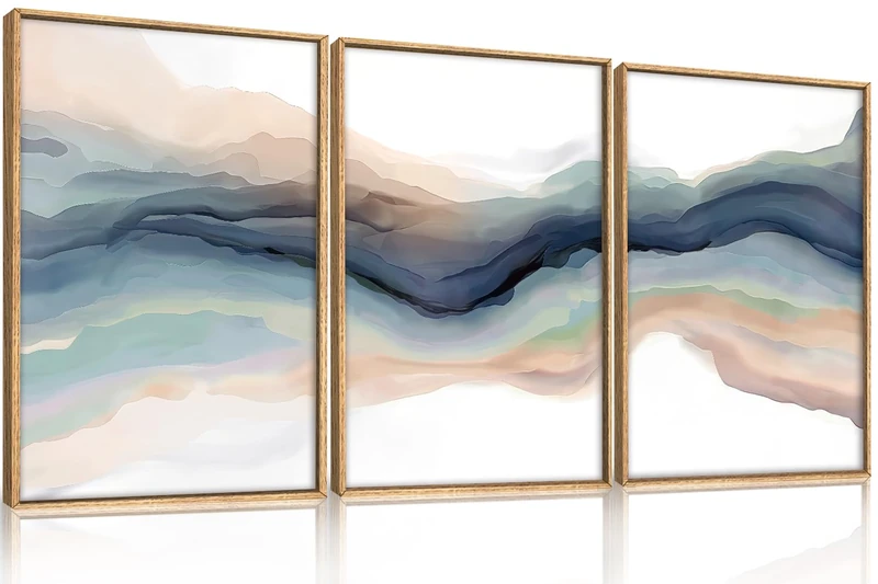 HLNIUC Blue Abstract Line Framed Wall Art Set, Modern Watercolor Wave Canvas Wall Decor, Natural Landscape Wall Painting, Paint Stroke Art Print for Living Room, Bedroom, Office - 24"x36"x3
