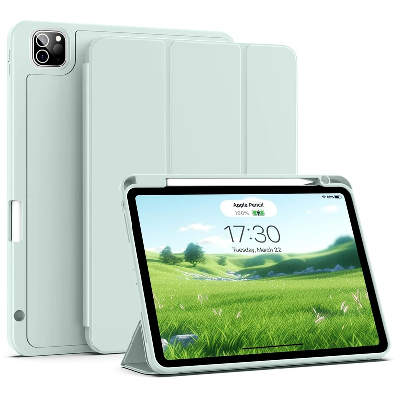 aoub Case for iPad Pro 11 4th/3rd/2nd Generation 2022/2021/2020, iPad Pro 11 Case with Holder, Support Pencil Charging, Soft Silicone Cover, Auto Sleep/Wake, Light Green