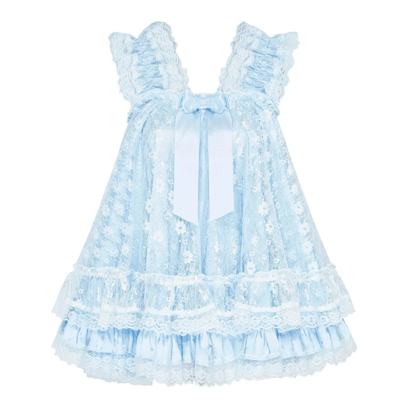 Satini Lingerie Satin Sissy Babydoll Ruffles Frilly Lace Nightie Negligee Cosplay Nightwear Dress (Baby Blue - Baby Blue, XL)