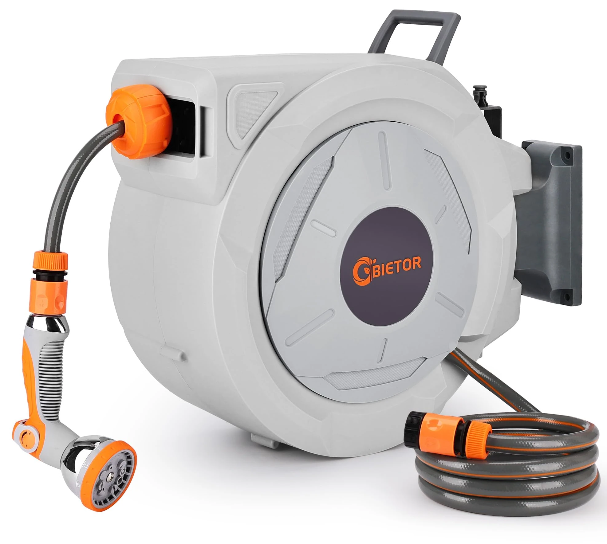 Retractable Garden Hose Reel 30m+2m, Wall Mounted Hose Reel,Heavy Duty Hose Pipe Reel with 10 Pattern Hose Nozzle, Auto Lock and Auto Rewind, Lock at Any Length,180°Swivel Bracket