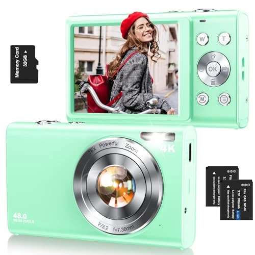 Digital Camera, Autofocus UHD 4K 48MP Cameras for Photography with 2 Batteries, 2.8 Inch Screen 16X Zoom Vlogging Camera with 32GB Card(Green)