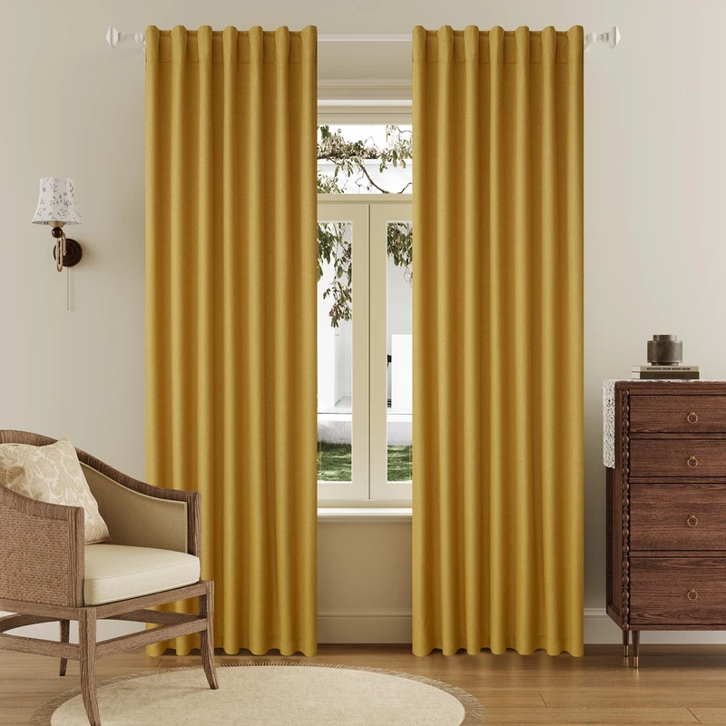 DUALIFE 90 Inch Blackout Yellow Curtains Boho, Thermal Insulated Curtains for Summer Heat for Bedroom Living Room Linen Pleated Drapes 90 Inches Long Rod Pocket(50W x 90L x 2 Panels)