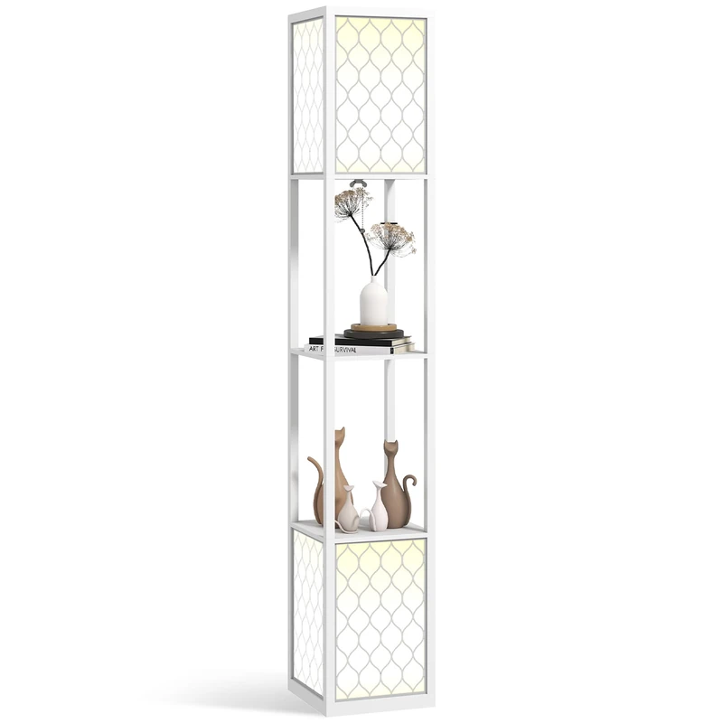 HOMCOM Floor Lamp with Shelves, Modern Tall Standing Lamps with Fabric Lampshade, Chain Switch and Dual Light for Living Room, Bedroom, Bulb not Included, White