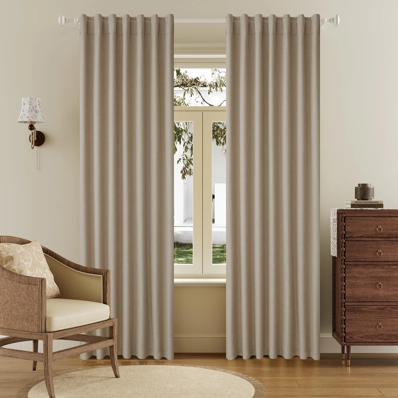 DUALIFE 90 Inch Blackout Taupe Curtains Boho, Thermal Insulated Curtains for Summer Heat for Bedroom Living Room Linen Pleated Drapes 90 Inches Long Rod Pocket(50W x 90L x 2 Panels)