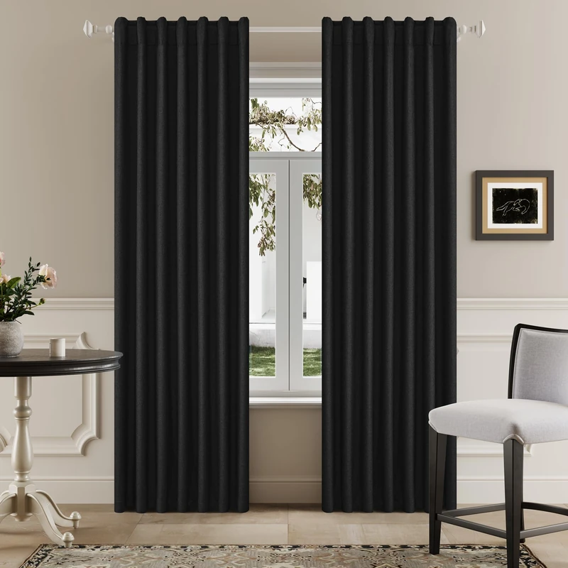 DUALIFE 90 Inch Blackout Black Curtains Boho, Thermal Insulated Burg Curtains for Summer Heat for Bedroom Living Room Linen Pleated Drapes 90 Inches Long Rod Pocket(50W x 90L x 2 Panels)