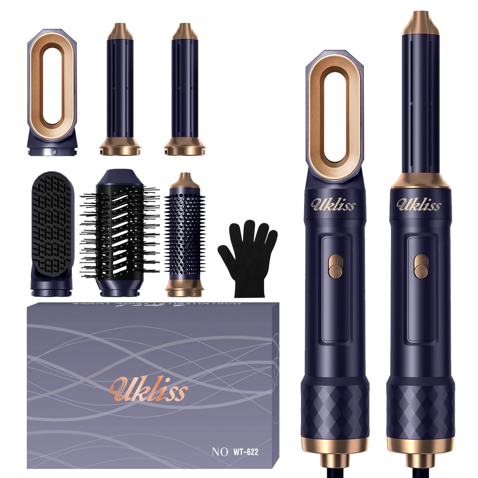 6 in 1 Hairstyler, UKLISS Hair Dryer Brush Set with Automatic Hair Wrap Curler, Thermal Brush, Hot Air Brush, Hair Straightener, Multistyler Gifts for Women Volume, Curls, Smooth, Dry & Style - Blue