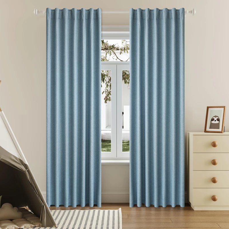 DUALIFE 90 Inch Blackout Slate Blue Curtains Boho, Thermal Insulated Curtains for Summer Heat for Bedroom Living Room Linen Pleated Drapes 90 Inches Long Rod Pocket(50W x 90L x 2 Panels) Stone Blue