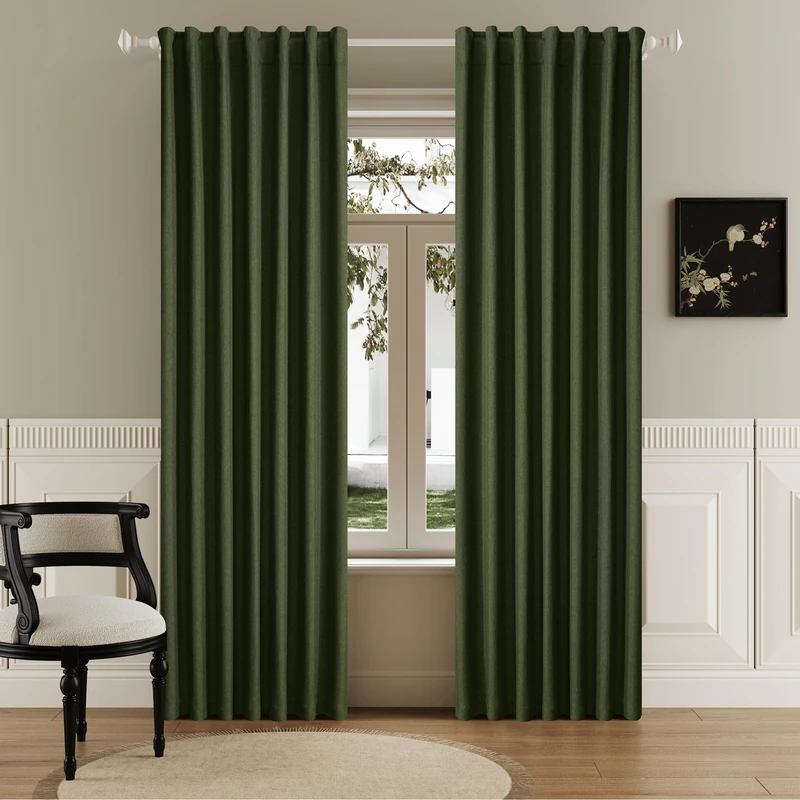 DUALIFE 90 Inch Blackout Olive Green Curtains Boho, Thermal Insulated Curtains for Summer Heat for Bedroom Living Room Linen Pleated Drapes 90 Inches Long Rod Pocket(50W x 90L x 2 Panels)