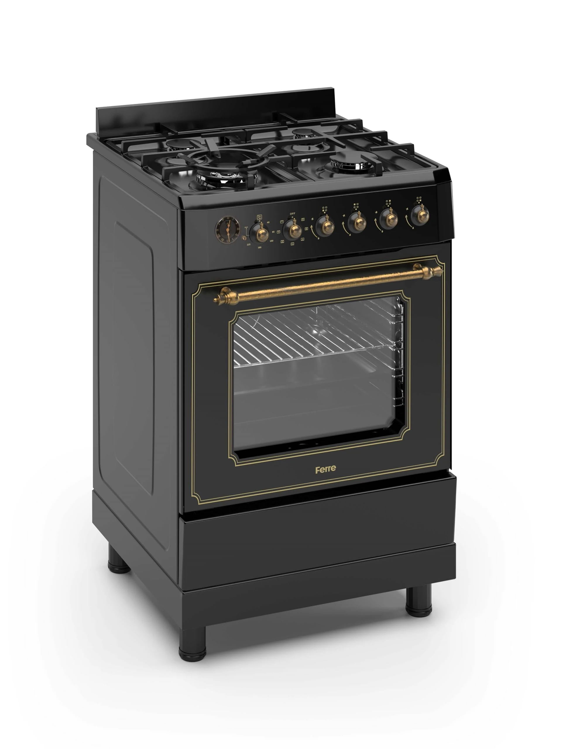 Ferre F6IP40E7-BL-RETRO-W 60cm Freestanding Dual Fuel Cooker With Wok Burner & Turbo Fan - Matte Black