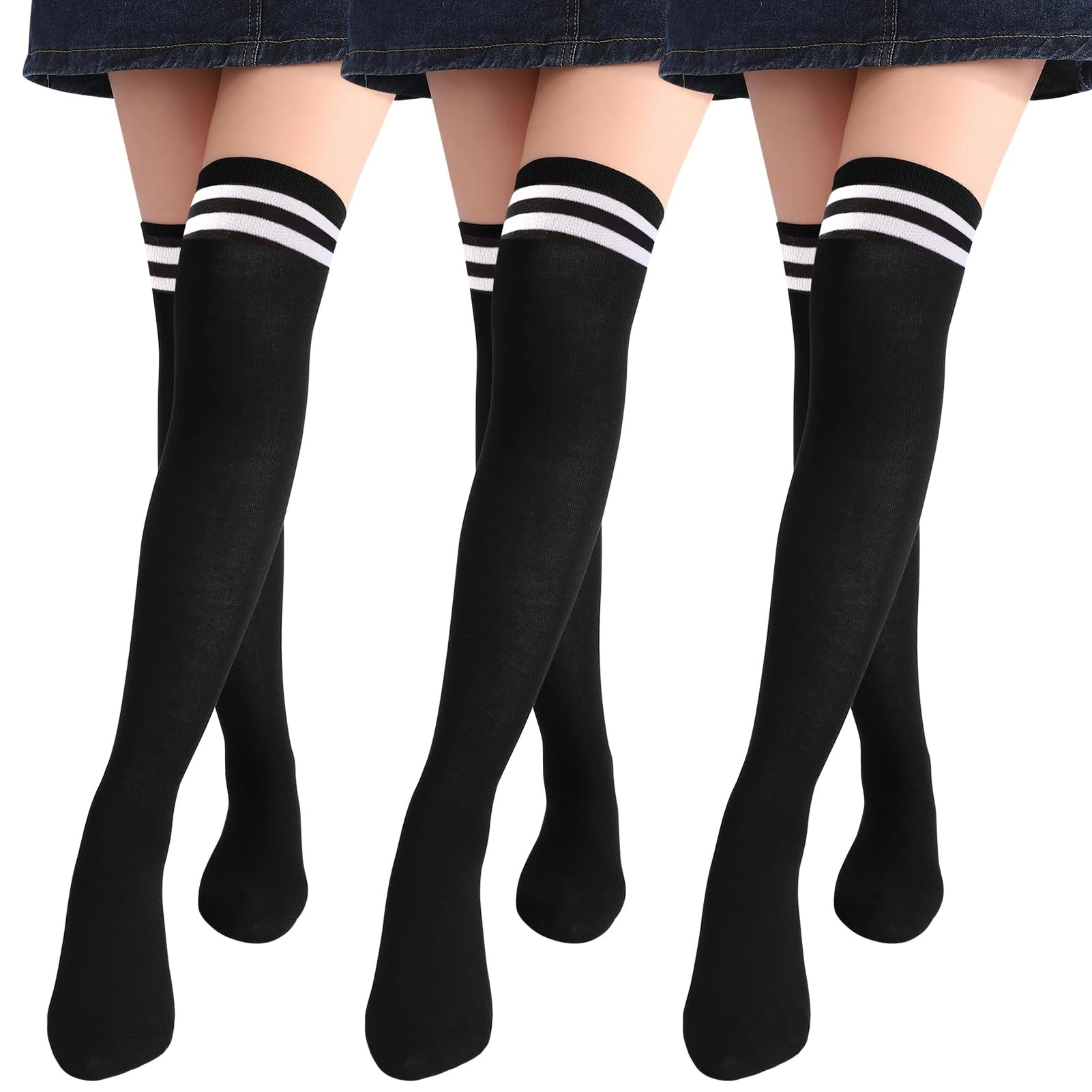 Zuimei 3 Pairs Stripes Thigh High Socks Black Knee High Socks for Ladies Women Girls Simple Style Stripes Over Knee Long Tube Stockings Casual Daily Cosplay UK 4-5.5