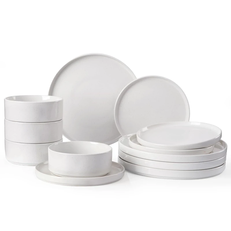 Richmount Nebula Plates and Bowls Set, 12PC Speckled Stoneware Plate Set, Scratch Resistant Dinnerware Sets, Dishwasher & Microwave Safe, Dining Plates and Bowls Sets, White with Speckled