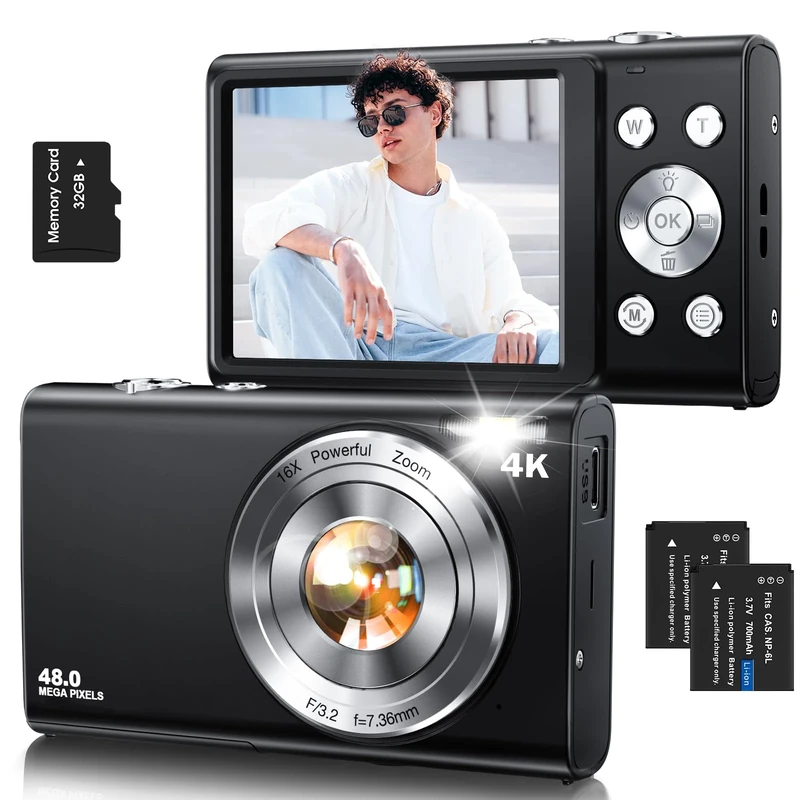 Digital Camera,Autofocus 4K Vlogging Camera for Photography with 32GB Card,48MP Portable Compact Point and Shoot Digital Camera for Teens Adult Beginner with 16X Zoom,Anti-Shake,2 Batteries(Black)
