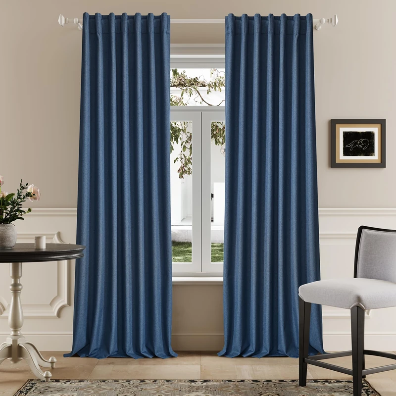 DUALIFE 96 Inch Curtains 2 Panel Set Farmhouse Blackout Heat Reducing Sun Block Out Curtains for Bedroom Dorm UV Blocking Noise Canceling Burlap Linen Look Drapes Rod Pocket Back Tab,50 X 96 Blue