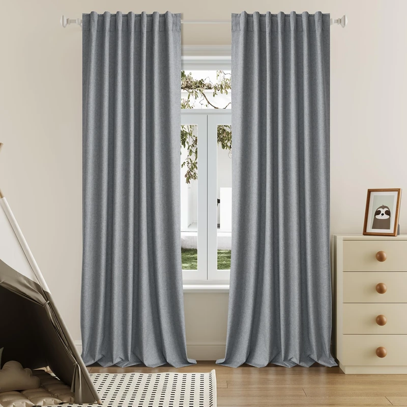 DUALIFE Grey 102 Inch Length Curtains, 100% Blackout Curtains 84 Inch Extra Wide for Bedroom Thermal Insulated Noise Cancelling Pleated Heading Tape Ring Back Tab Kids Boho Drapes 2 Panel Set 84x102