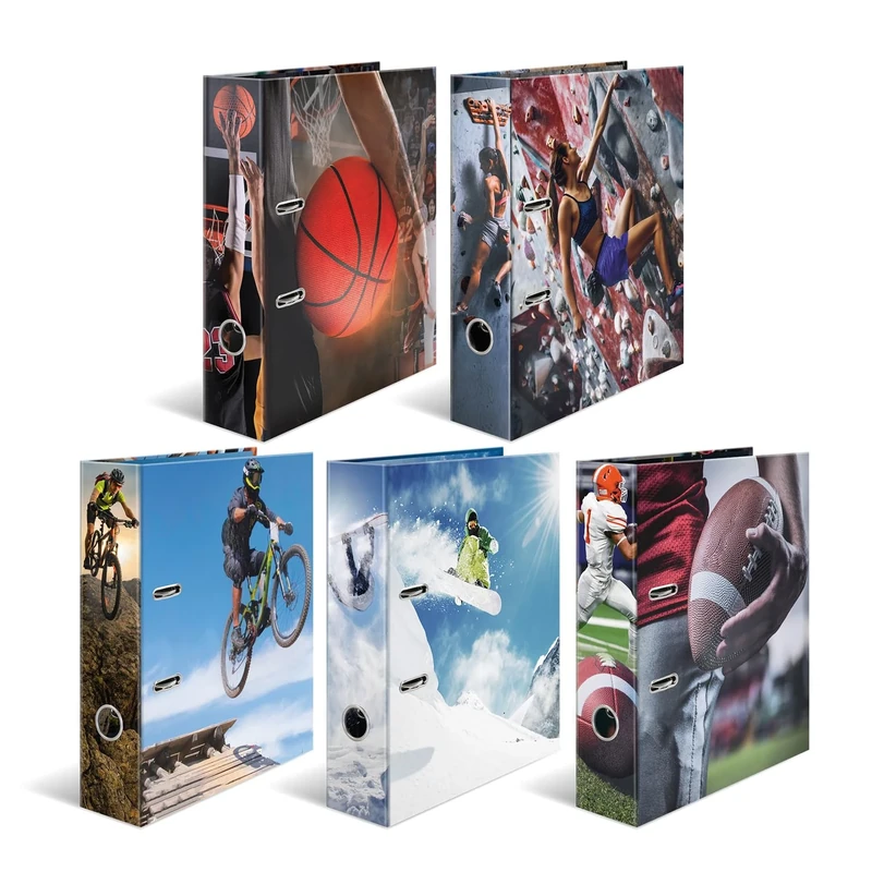 HERMA A4 Lever Arch File Assortment, Pack of 5, 70mm Spine, Heavy Duty Folder with Sport Motif, Glossy Finish & Inner Print, Kids Ring Binder, Archiving Folder & Storage File Organizer