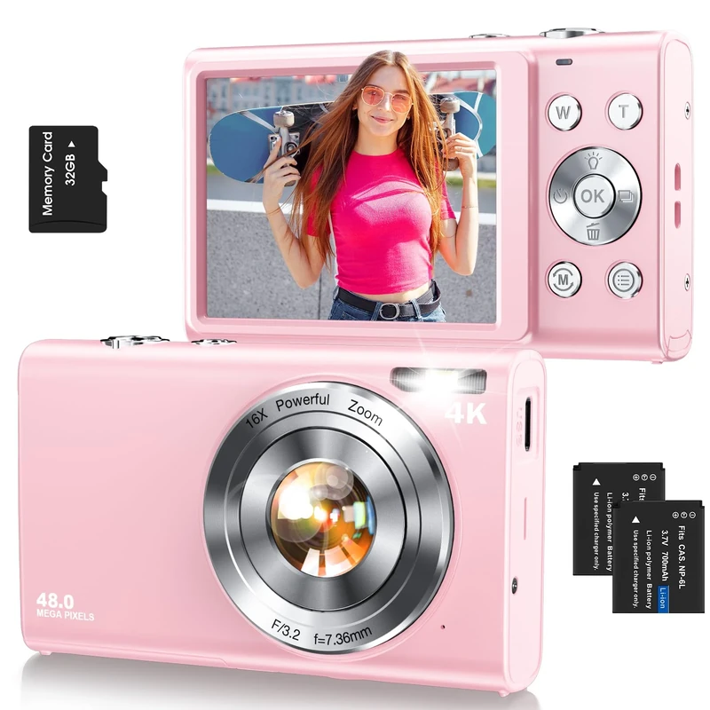 Digital Camera,Autofocus 4K Vlogging Camera for Photography with 32GB Card,48MP Portable Compact Point and Shoot Digital Camera for Teens Adult Beginner with 16X Zoom,Anti-Shake,2 Batteries(Pink)