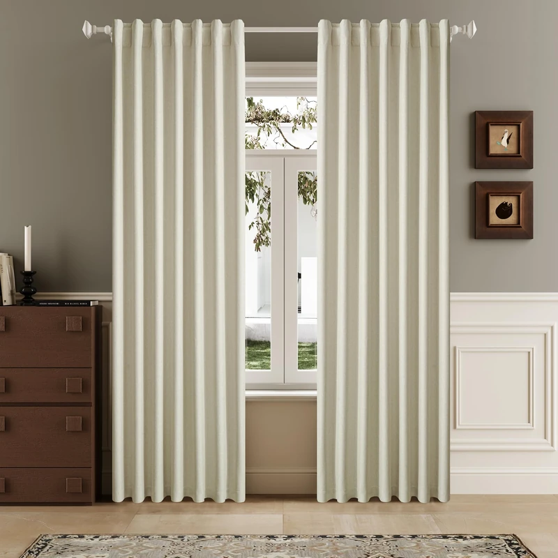 DUALIFE 90 Inch Blackout Cream Beige Curtains Boho, Thermal Insulated Curtains for Summer Heat for Bedroom Living Room Linen Pleated Drapes 90 Inches Long Rod Pocket(50W x 90L x 2 Panels)