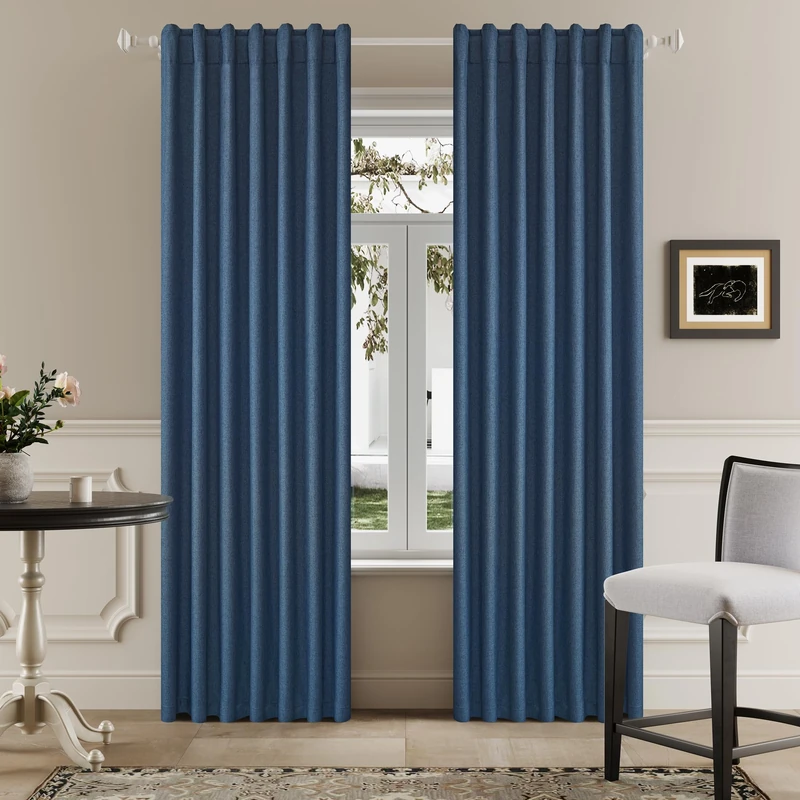 DUALIFE 90 Inch Blackout Blue Curtains Boho, Thermal Insulated Curtains for Summer Heat for Bedroom Living Room Linen Pleated Drapes 90 Inches Long Rod Pocket(50W x 90L x 2 Panels)