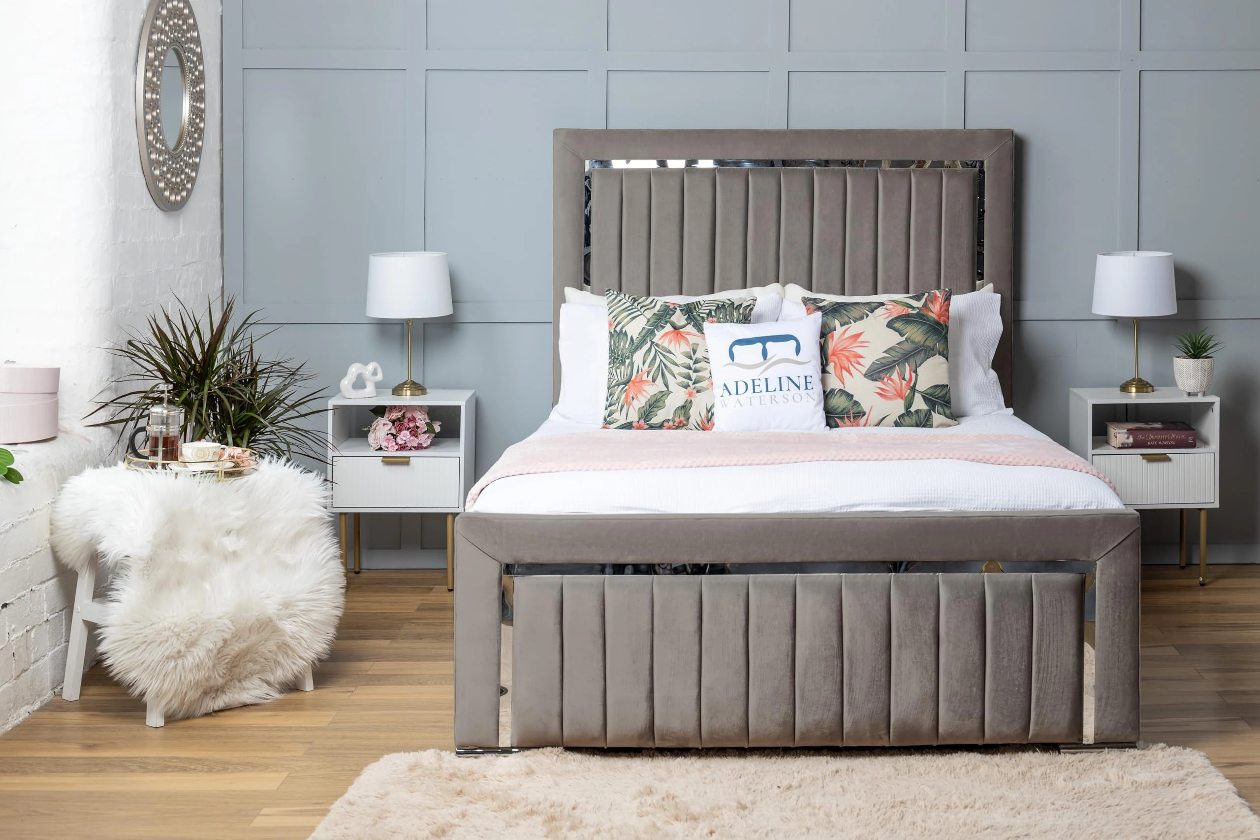 ADELINE WATERSON Cheshire Line Panel Upholstered Bed - Plush Velvet Headboard & Footboard - Gas Lift Storage With Black Board Base (Grey, Double - Gas Lift, With Mattress)