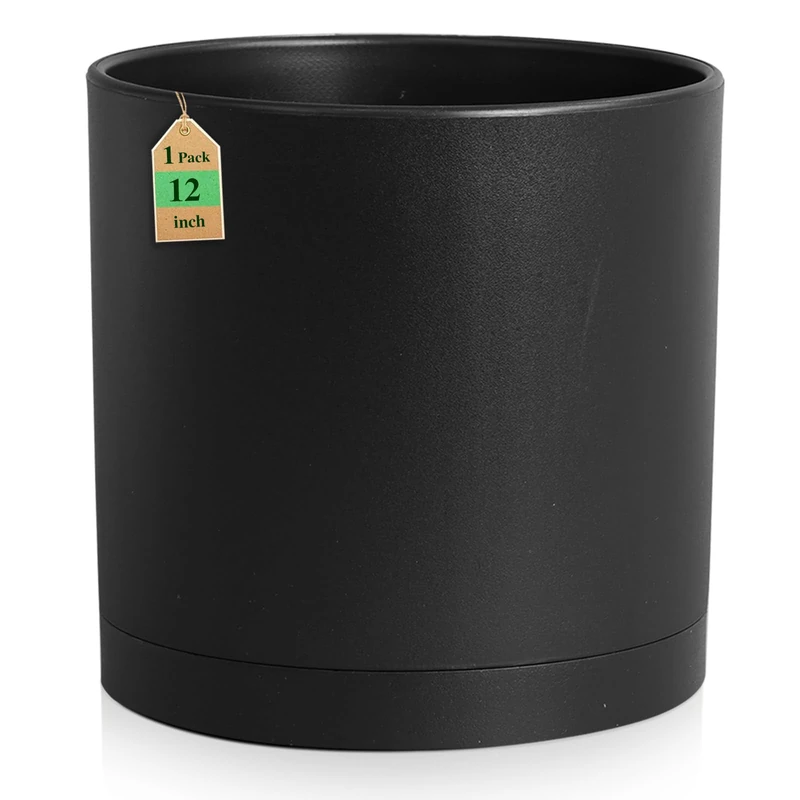 WSMKSZ 12 inch Large Deep Plant Pots for Outdoor Indoor Plants, Tall Cylinder Flower Pots with Drainage Holes and Saucer, Big Decorative Plastic Planter Pots for Garden Porch House Plants, Black