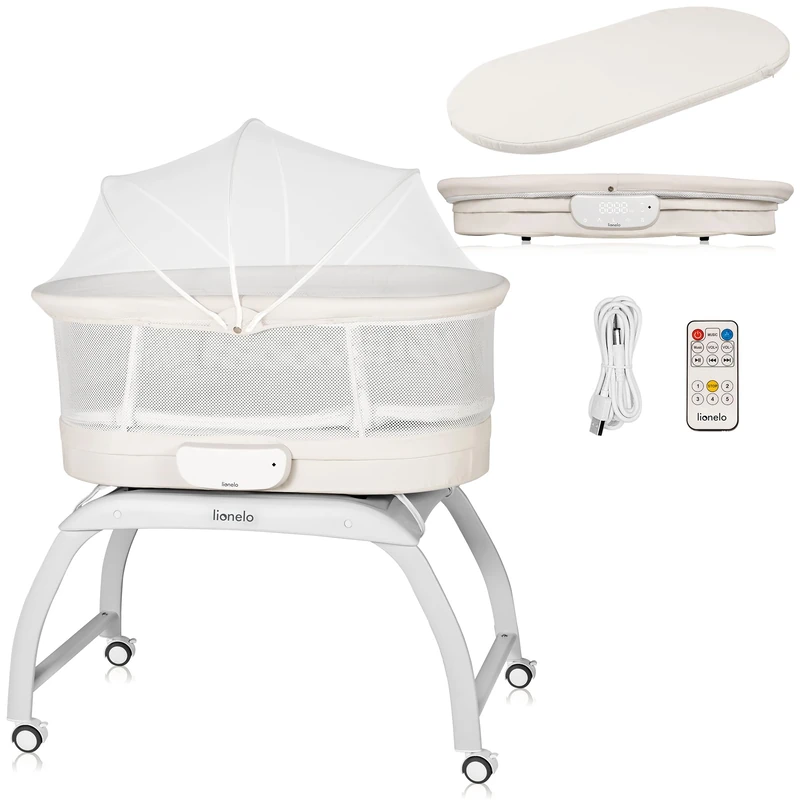 LIONELO Co-Sleeper Crib & Rocker Coral 3-in-1 with Built-in Scale, Electric Swing with 5 Speeds, 12 Soothing Melodies, Mattress, Remote Control, Timer, Mosquito Net & Wheels – from Birth