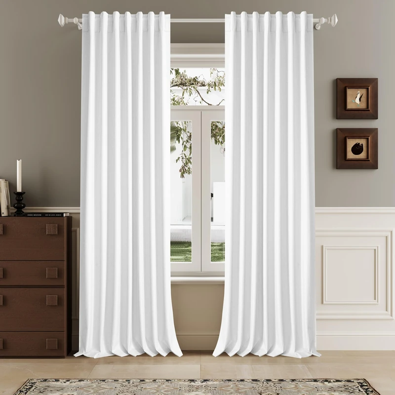 96 Inch Curtains 2 Panel Set Farmhouse Blackout Heat Reducing Sun Block Out Curtains for Bedroom Dorm UV Blocking Noise Canceling Burlap Linen Look Drapes Rod Pocket Back Tab,50 X 96 Pure White
