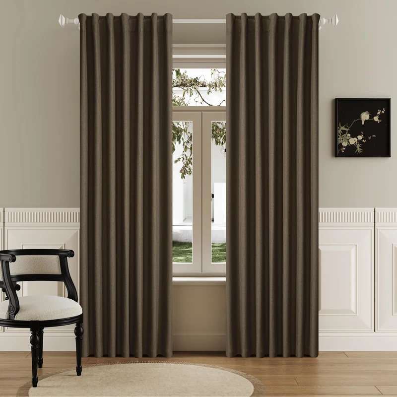 DUALIFE 90 Inch Blackout Brown Curtains Boho, Thermal Insulated Curtains for Summer Heat for Bedroom Living Room Linen Pleated Drapes 90 Inches Long Rod Pocket(50W x 90L x 2 Panels)