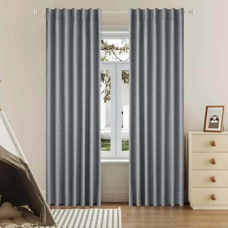 DUALIFE 90 Inch Blackout Grey Curtains Boho, Thermal Insulated Curtains for Summer Heat for Bedroom Living Room Linen Pleated Drapes 90 Inches Long Rod Pocket(50W x 90L x 2 Panels)