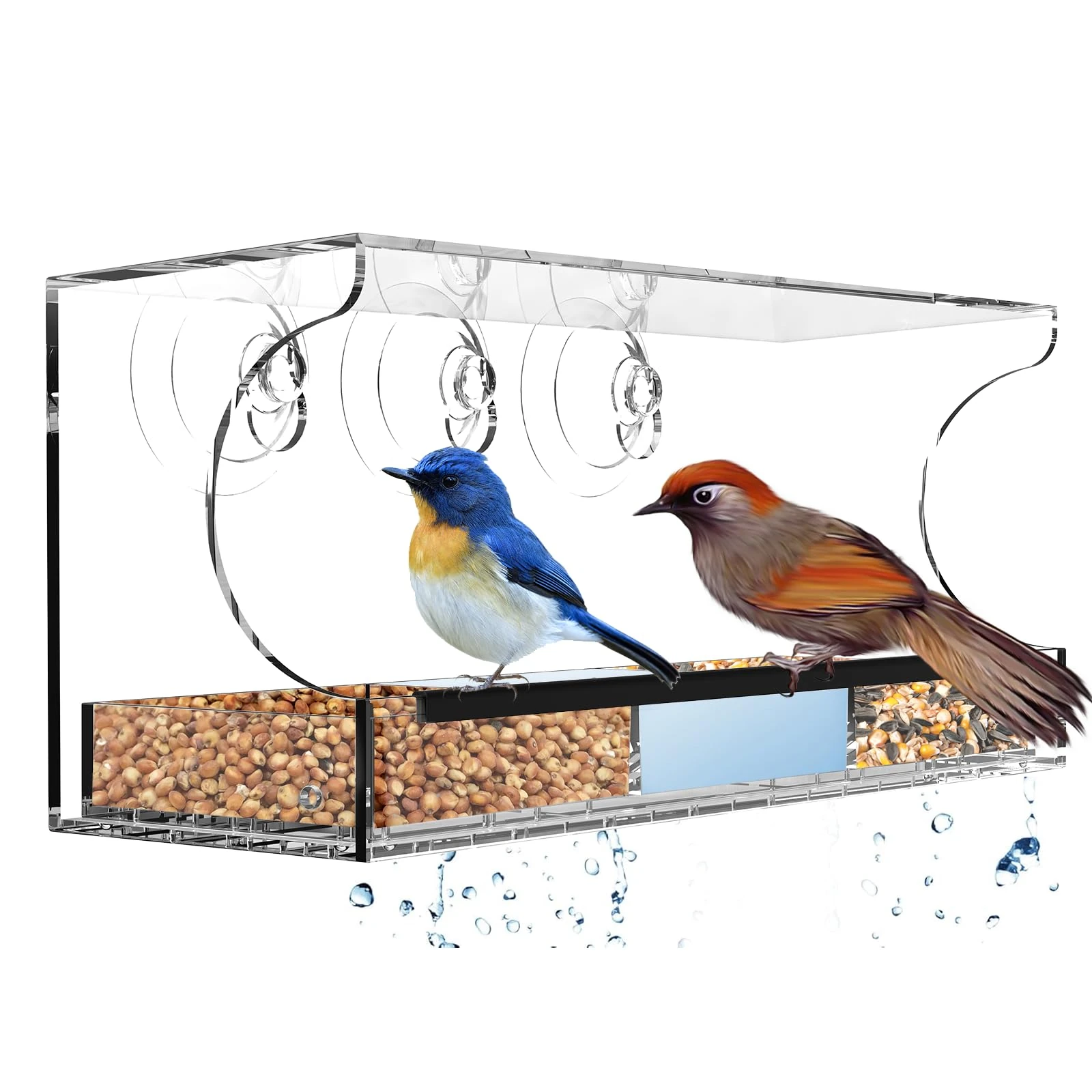 Newthinking Window Bird Feeder with Suction Cups, Clear Acrylic Bird Feeders with Removable Seed Tray and Water Bowls for Small Birds, Easy Refill and Clean