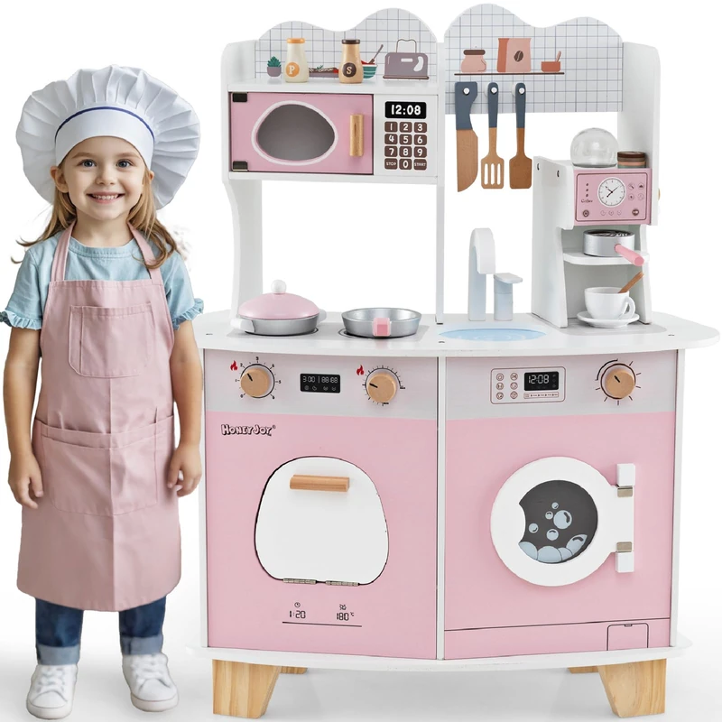 GYMAX Kids Play Kitchen, Wooden Toy Kitchen with Stoves, Microwave, Washing Machine, Oven, Coffee Maker, Sink and Cookware Accessories, Pretend Children Kitchen for 3+ Years Old (Pink)