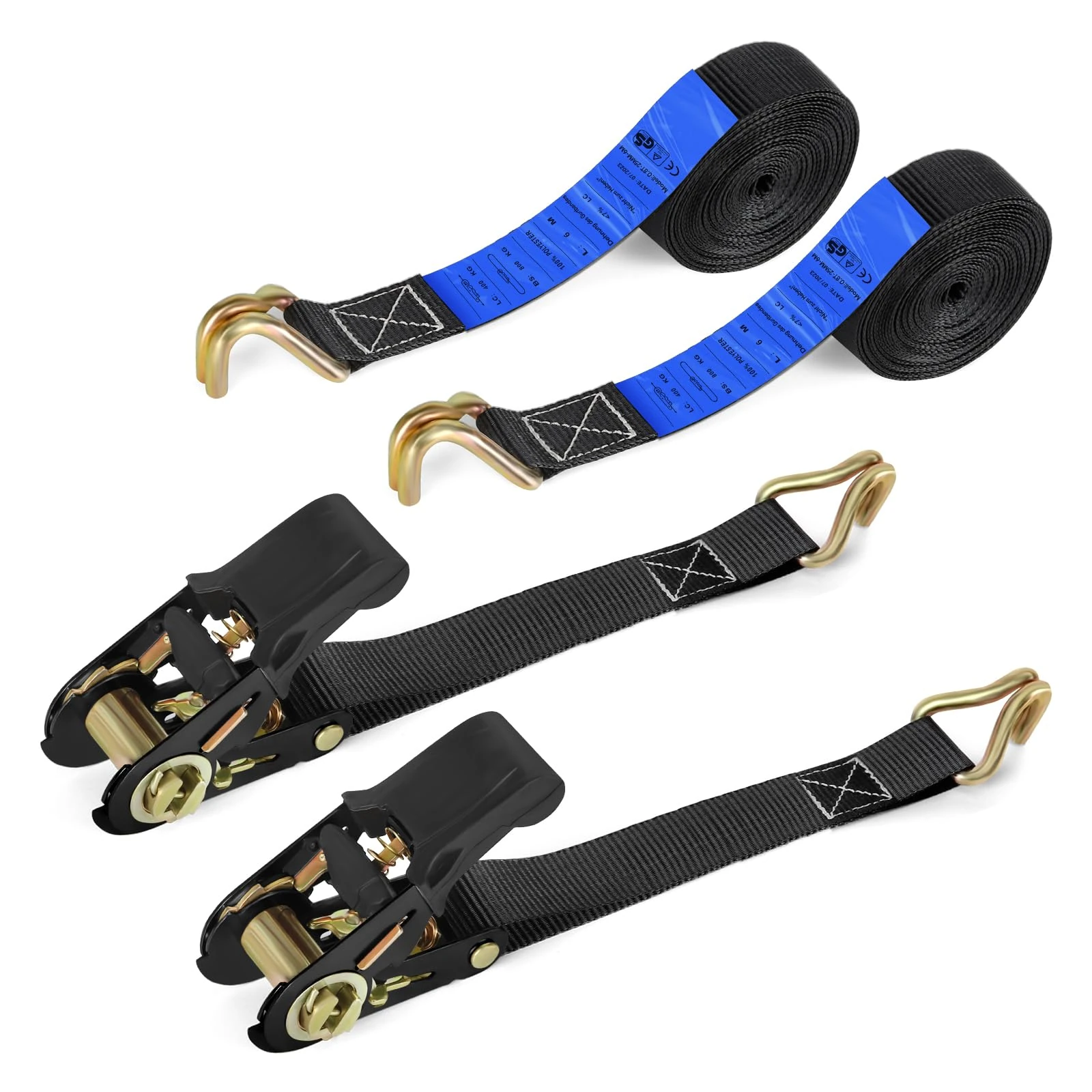 IAZZCO Tie Down Straps with Ratchet and Hook - 6 m x 25 mm Tie Down Strap TÜV/GS Certified with Ratchet Straps with Cam Buckle for Motorcycles, Car, Trailers, Household (Black/Pack of 2)