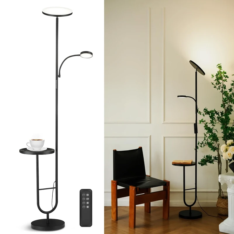 LuminexDesigns Floor Lamp for Living Room, 42W Uplighter Floor Lamp with Shelf, 3800LM Super Bright LED Dimmable Standing Corner Lamp with Remote, Black Tall Lamp for Bedroom Reading