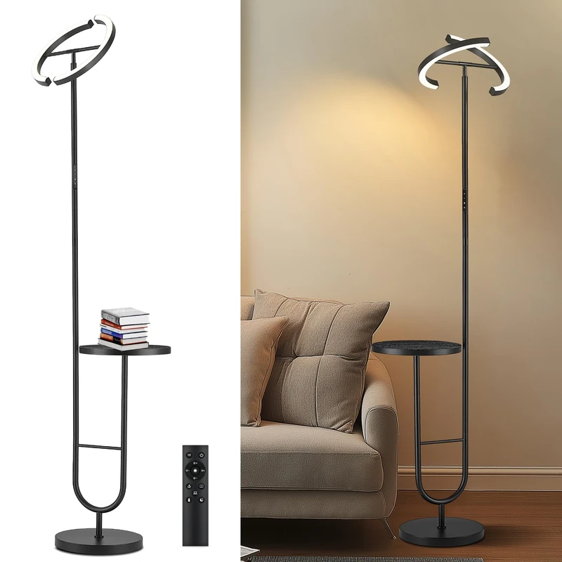 LuminexDesigns Floor Lamp with Shelf for Living Room, 36W LED Dimmable 175cm Tall Standing Corner Lamp with Remote Control, 360° Rotating Head, 2700K–6500K Modern Black Uplighter Reading Lamp