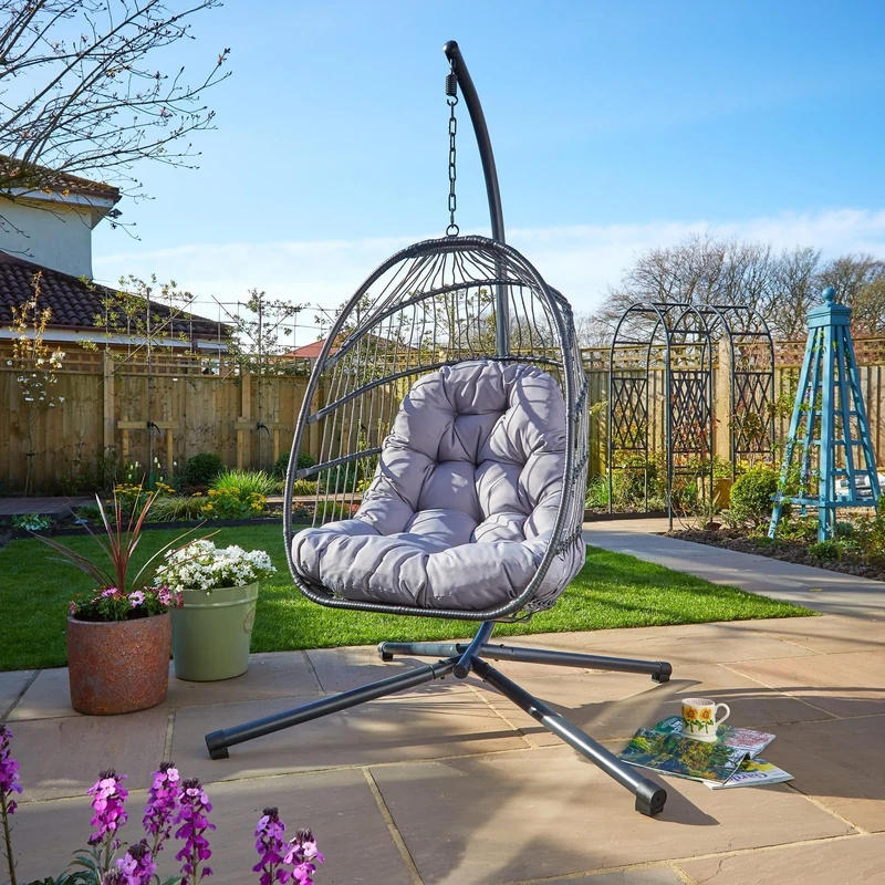 Home Source Rattan Hanging Swing Chair, Egg Shape Garden Patio Seat, Indoor/Outdoor, Soft Cushion Support, Dark Grey