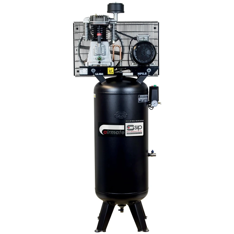 SIP Airmate VN5.5/150-TB Vertical Belt Drive Air Compressor, 400V 20A 3-Phase, 150L, 5.5hp / 4.1kW, 145psi / 10 Bar 24CFM 97dB