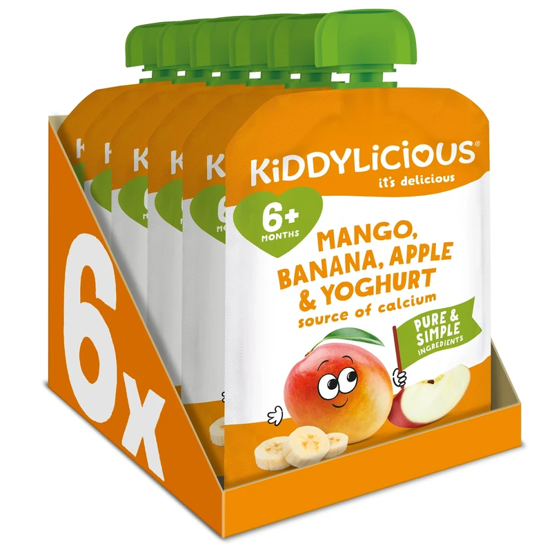 Kiddylicious Mango, Banana & Apple Pouches - Delicious Pouches for Babies - Suitable for 6+ Months - 100g x 6 Packs