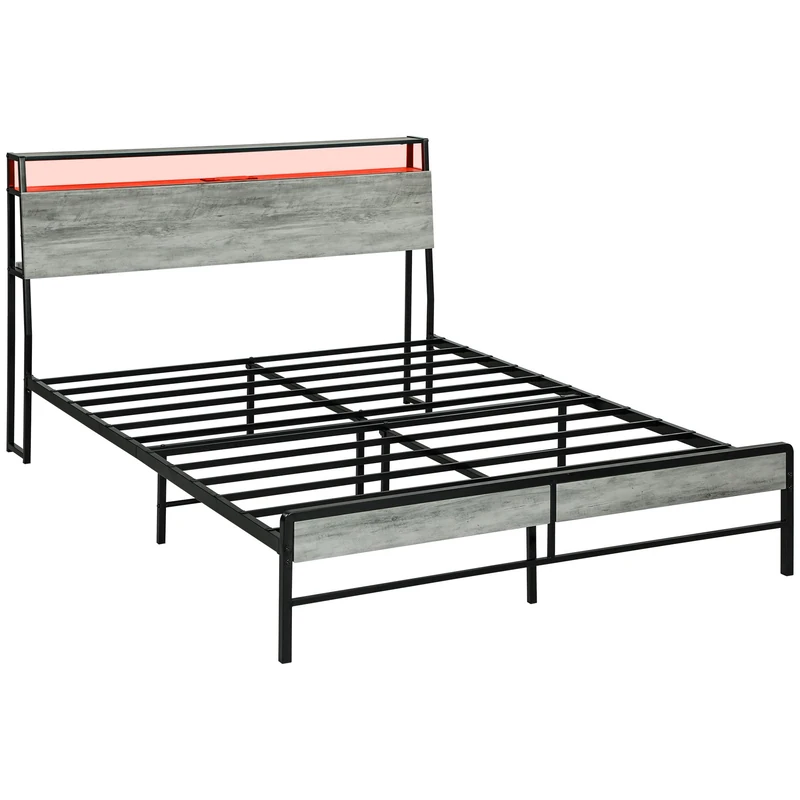 HOMCOM 4ft6 Double Bed Frame with LED Lights and Charging Station, Platform Bed Frame with Storage Headboard, Steel Slat Support, No Box Spring Needed, Easy Assembly, Cement Grey