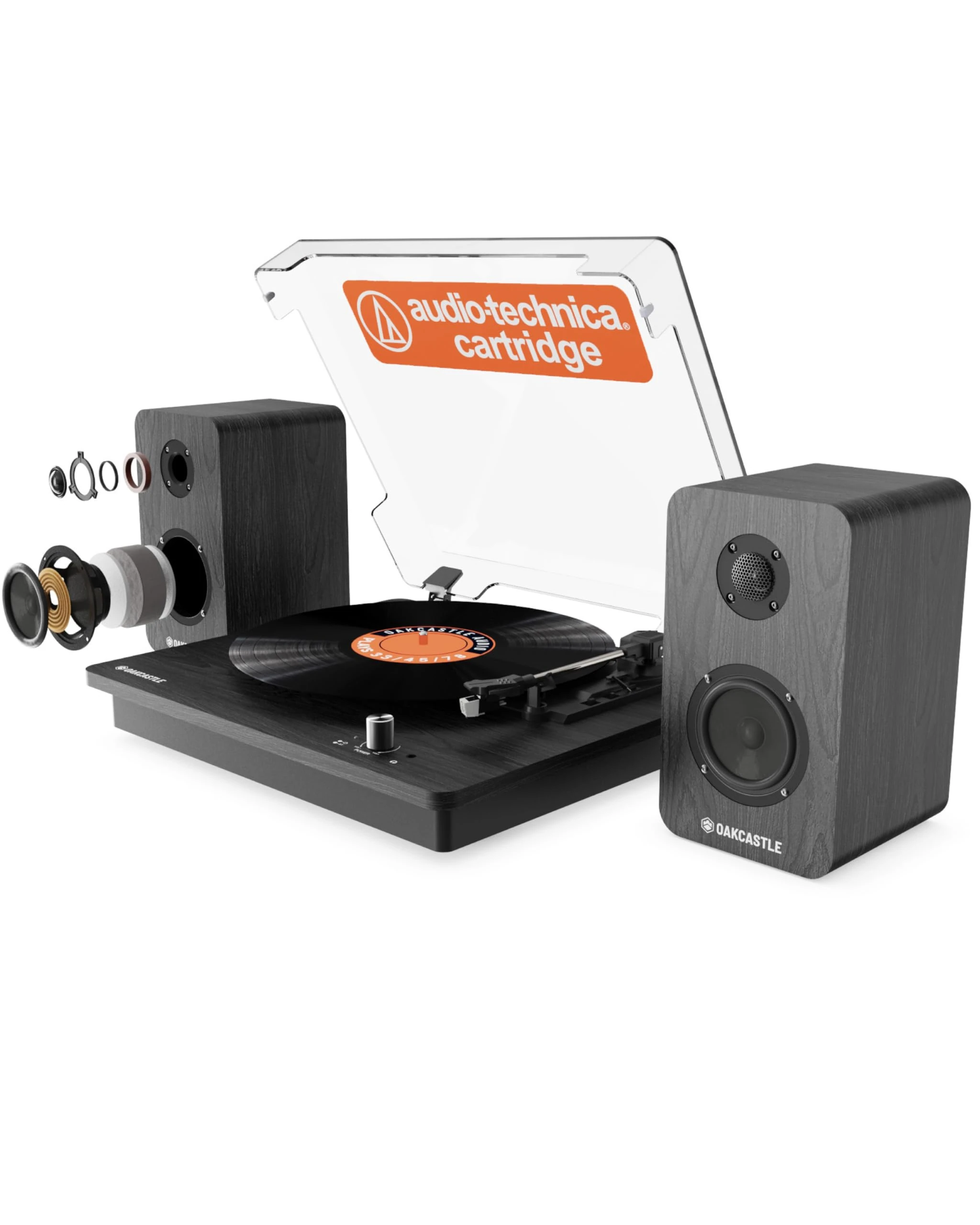 Vinyl Record Player with Speakers | Bluetooth Turntable with AUX & Headphone Jack | Vinyl Player with Speakers, Multi-Playback Options, 45RPM Adaptor and Audio Technica Cartridge | Oakcastle TT200