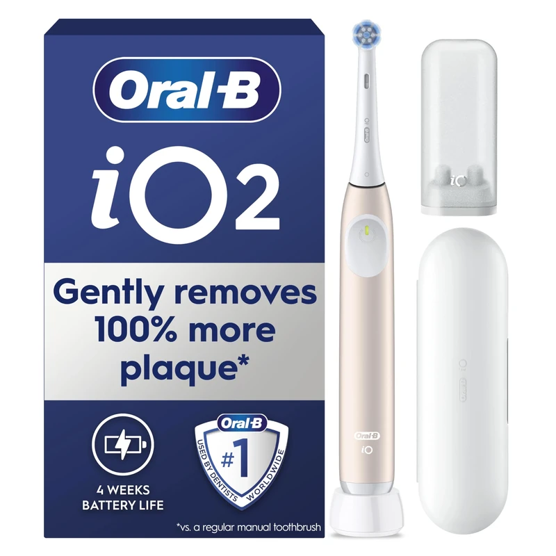 Oral-B iO2 Electric Toothbrush, 1 Gentle Care Toothbrush Head, 1 Travel Case, 1 Travel Refill Holder, Toothbrush for Adults (Calm Pink), Designed by Braun, 2 Pin Plug