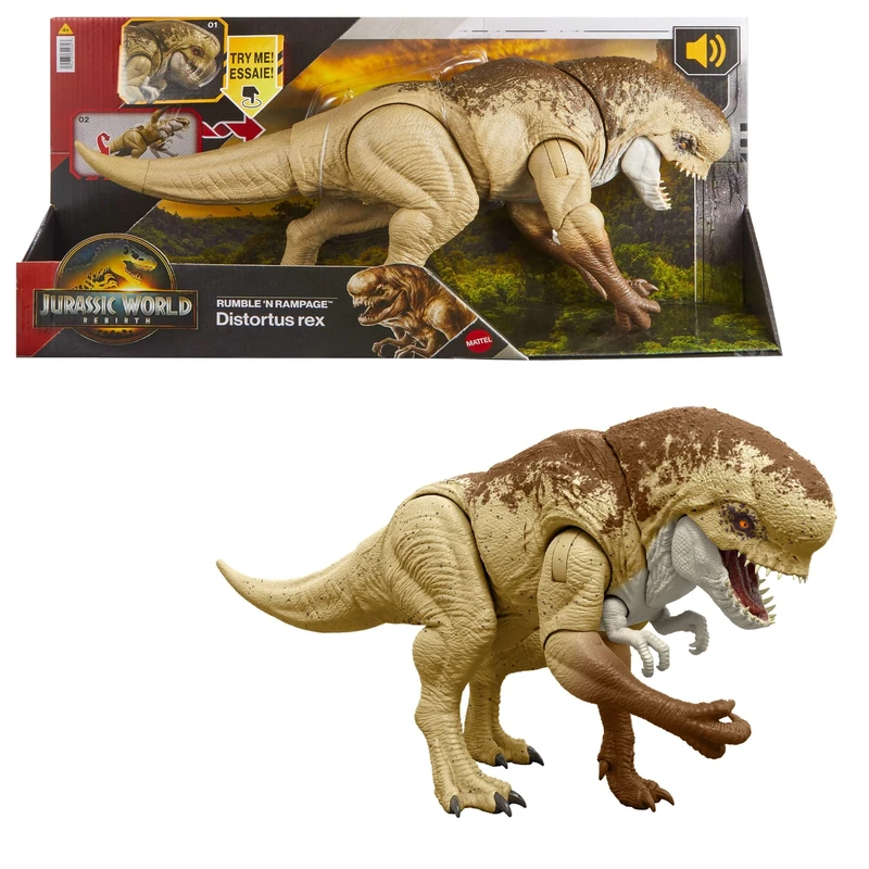 Mattel Jurassic World Rebirth Distortus Rex Rumble N Rampage Dinosaur Action Figure 22 Inch with 2 Attack Actions, Content-Accurate, Digital Play, JJP79