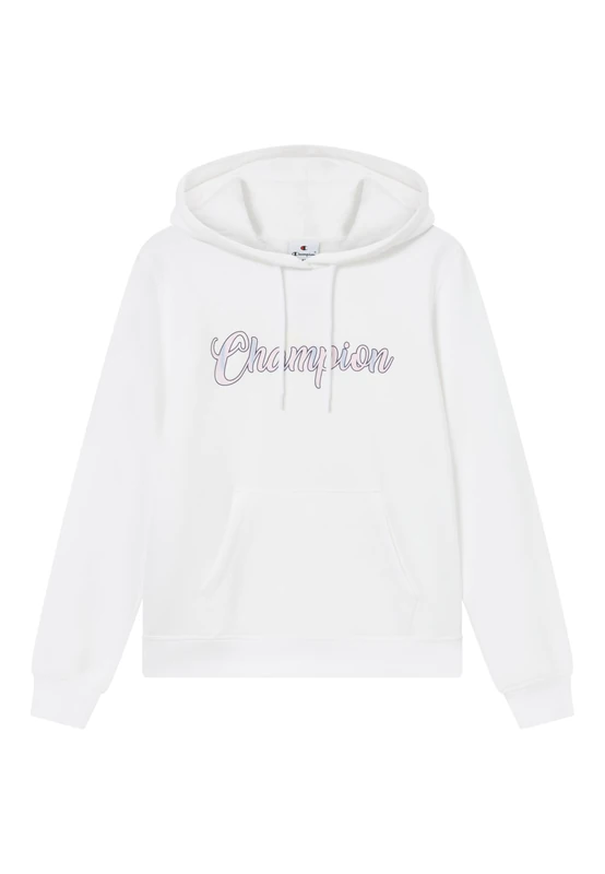 Champion Women's fleece hoodie, rib cuff and hem, front kangaroo pocket, hood with adjustable drawcords, graphic logo White