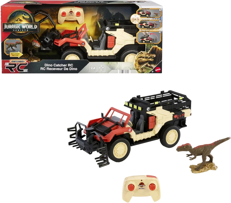 Mattel Jurassic World: Rebirth Matchbox RC Toy Truck, Remote-Control Battery-Operated Vehicle with Dinosaur Figure, Dino Catcher RC & Capture Cage for Transport, JHB67