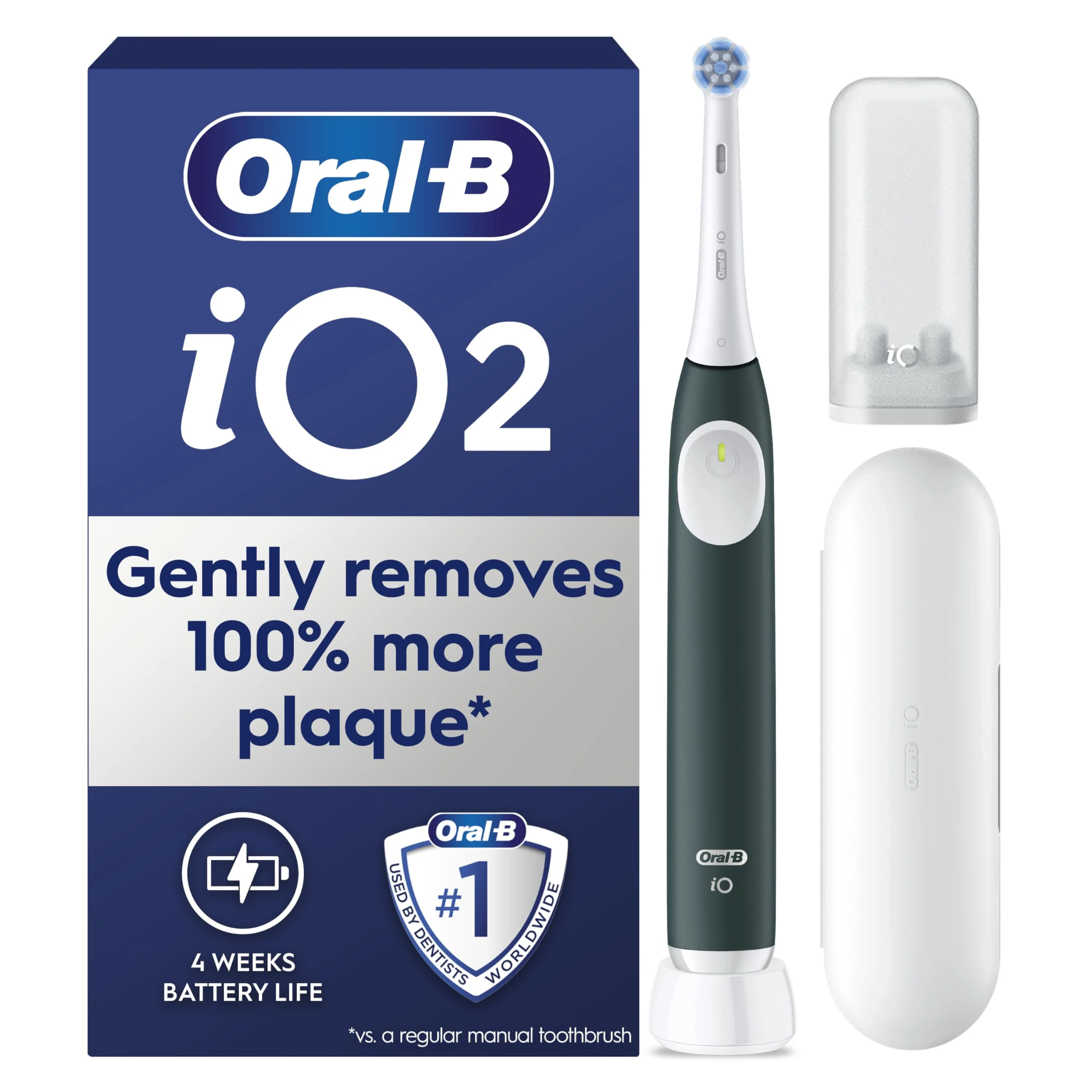 Oral-B iO2 Electric Toothbrush, 1 Gentle Care Toothbrush Head, 1 Travel Case, 1 Travel Refill Holder, Oral B Toothbrush for Adults (Forest Green), Designed by Braun, 2 Pin UK Plug