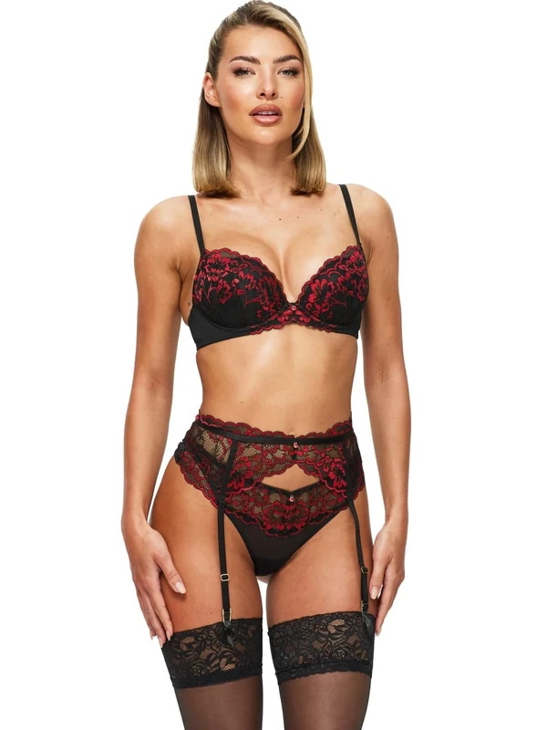 Ann Summers Sexy Lace Padded Plunge Bra, Fuller Bust DD+, A-G Cup, Curve-Enhancing Womens Underwear with Padded Cups & Underwire, Removable Mini Pads for Smaller Sizes, Adjustable Straps Black/Red