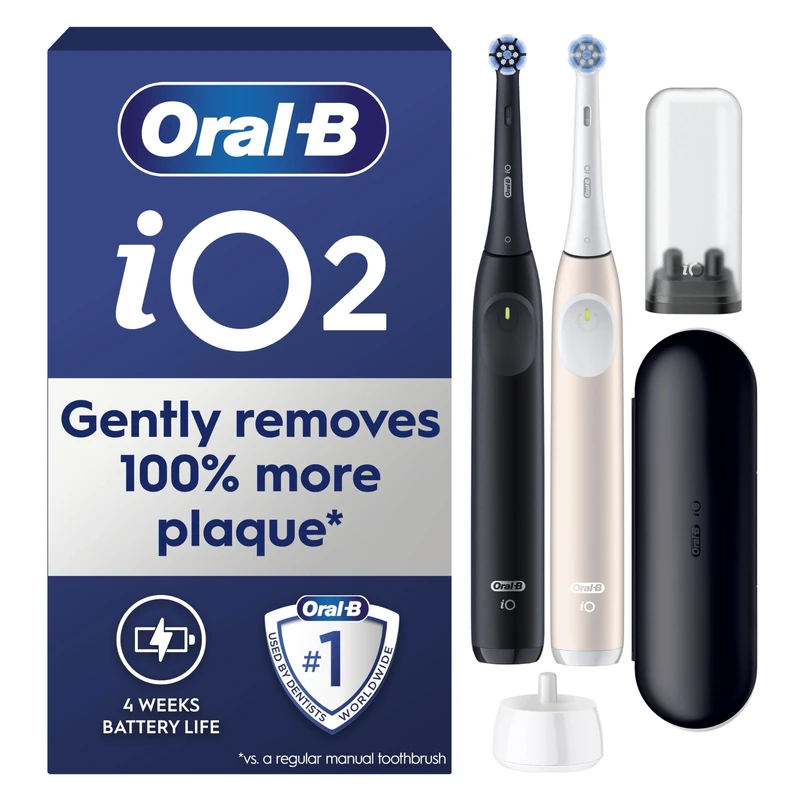 Oral-B iO2 Duo Electric Toothbrushes, 2 Gentle Care Toothbrush Heads, 1 Travel Case, 1 Travel Refill Holder, Oral B Toothbrush Adults (Night Black and Calm Pink), Designed by Braun, 2 Pin Plug