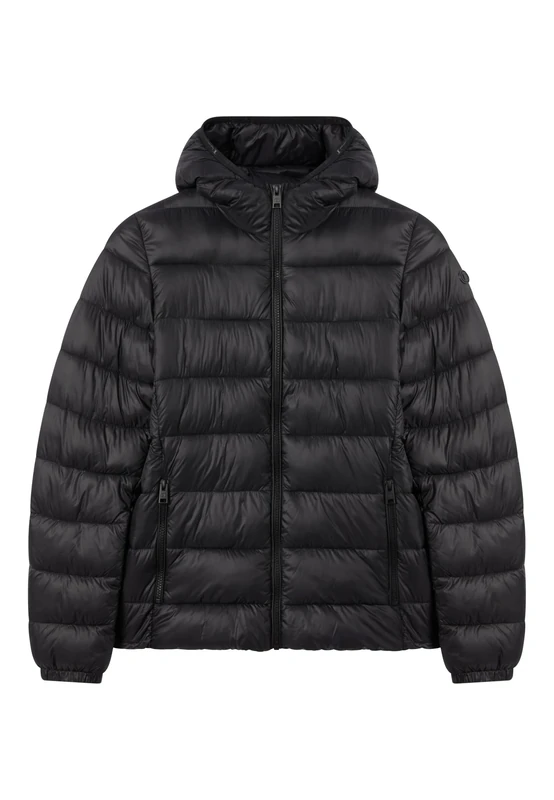 Champion Women's Hooded Padded Jacket, lightweight nylon, water-repellent shiny finish, fitted silhouette, zippered pockets and front closure