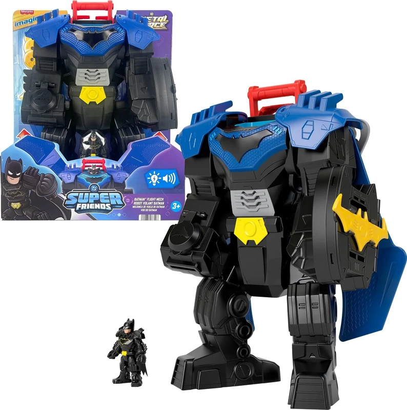 Fisher-Price Imaginext DC Super Friends Batman Flight Mech with Lights, Sounds Motion & 3-inch Action Figure, 14.5-inch Toy Includes Launcher & Discs, JDL03