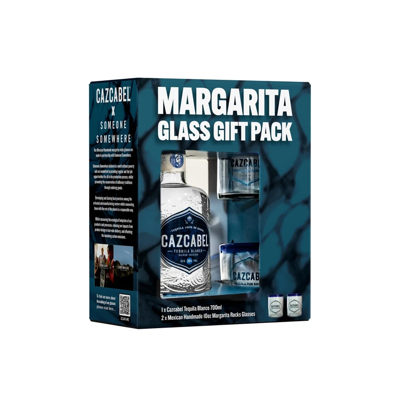Cazcabel Blanco Tequila Premium Gift Set with Handmade Margarita Glasses, Premium Mexican Tequila for Cocktails & Gifting, 100% Blue Weber Agave, Additive Free, 38% ABV, 70 cl